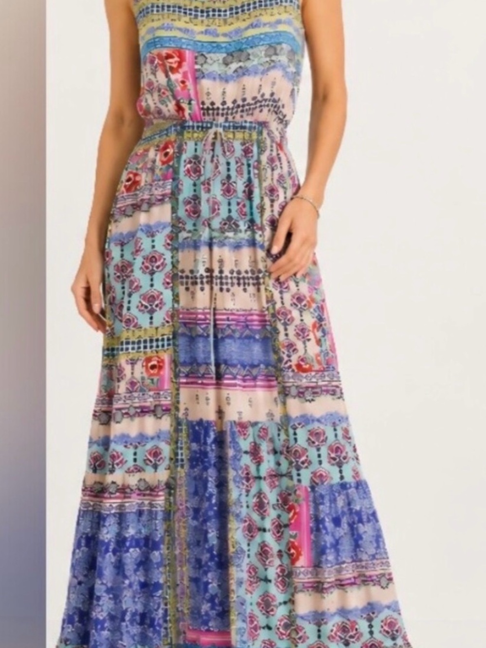 Johnny Was Multicolor Patchwork Maxi Dress in Blue, Pink & Cream